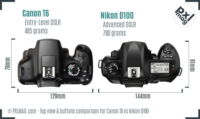 Canon T6 vs Nikon D100 top view buttons comparison
