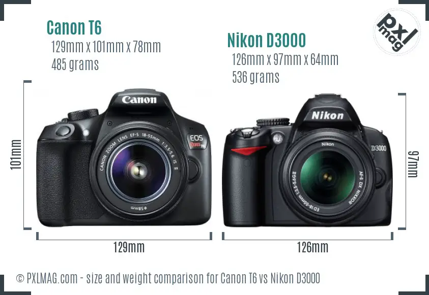 Canon T6 vs Nikon D3000 size comparison