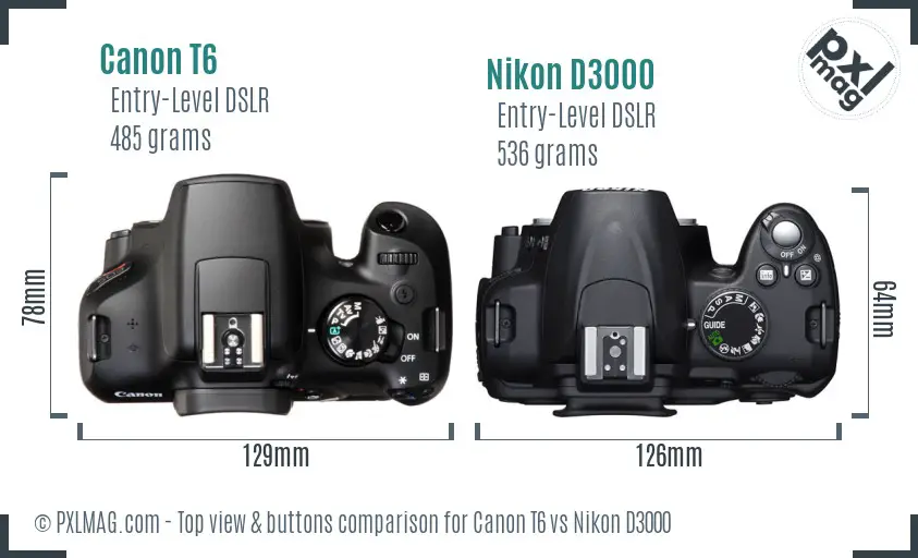Canon T6 vs Nikon D3000 top view buttons comparison