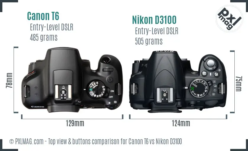 Canon T6 vs Nikon D3100 top view buttons comparison Canon T6 vs Nikon D3100 top view buttons comparison