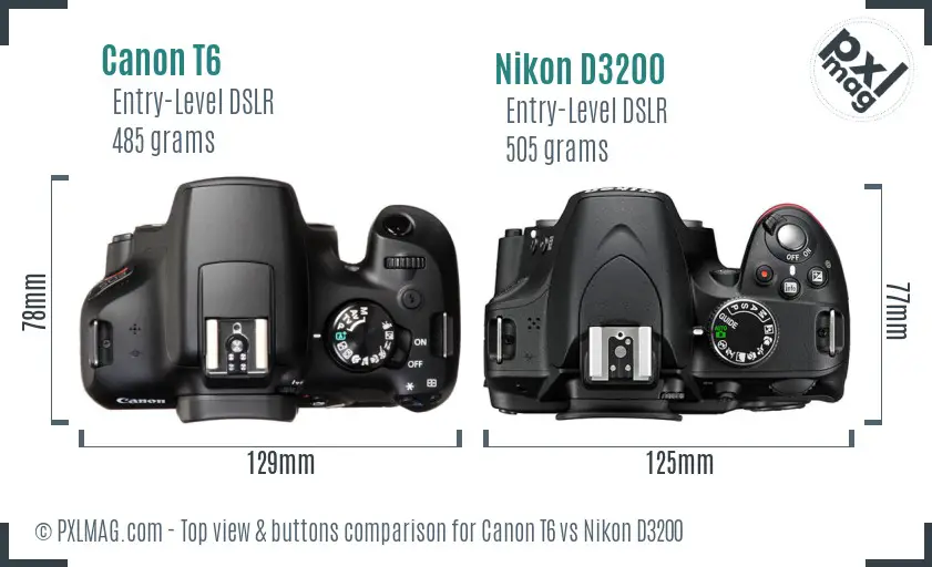 Canon T6 vs Nikon D3200 top view buttons comparison