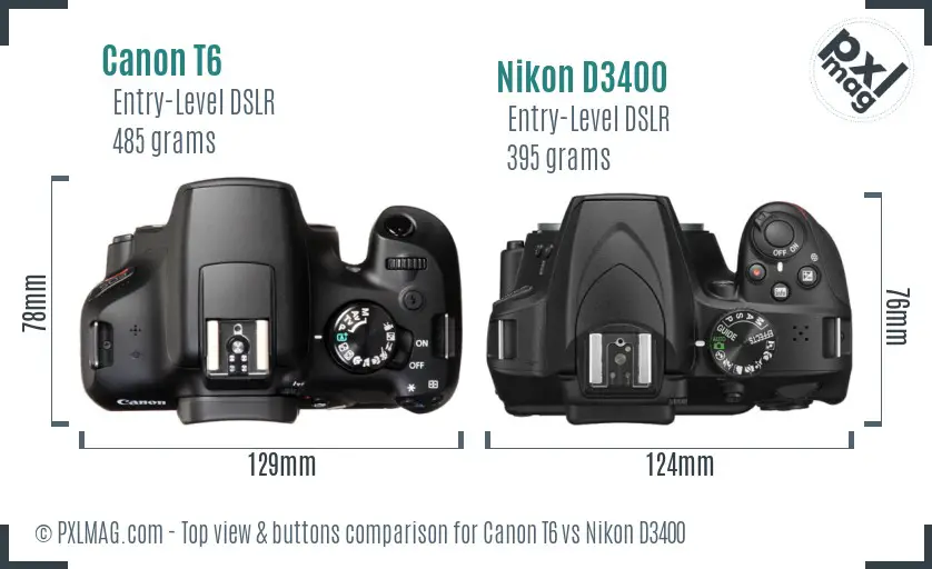 Canon T6 vs Nikon D3400 top view buttons comparison
