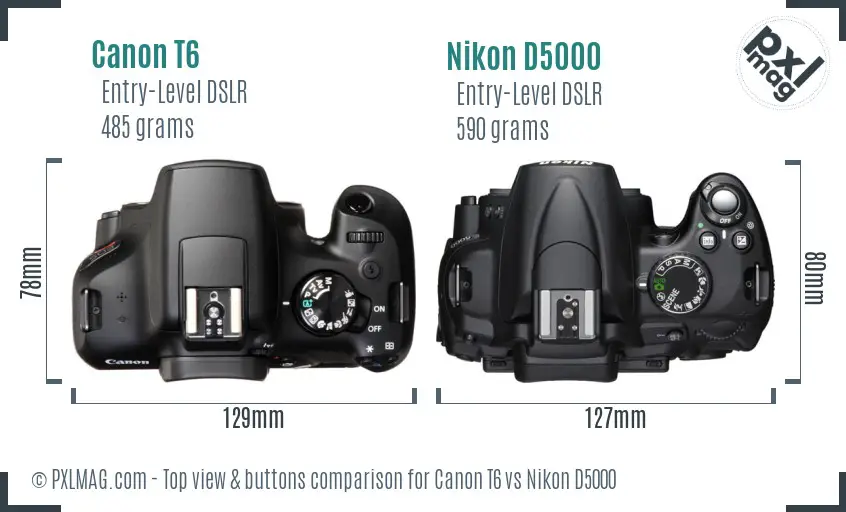 Canon T6 vs Nikon D5000 top view buttons comparison