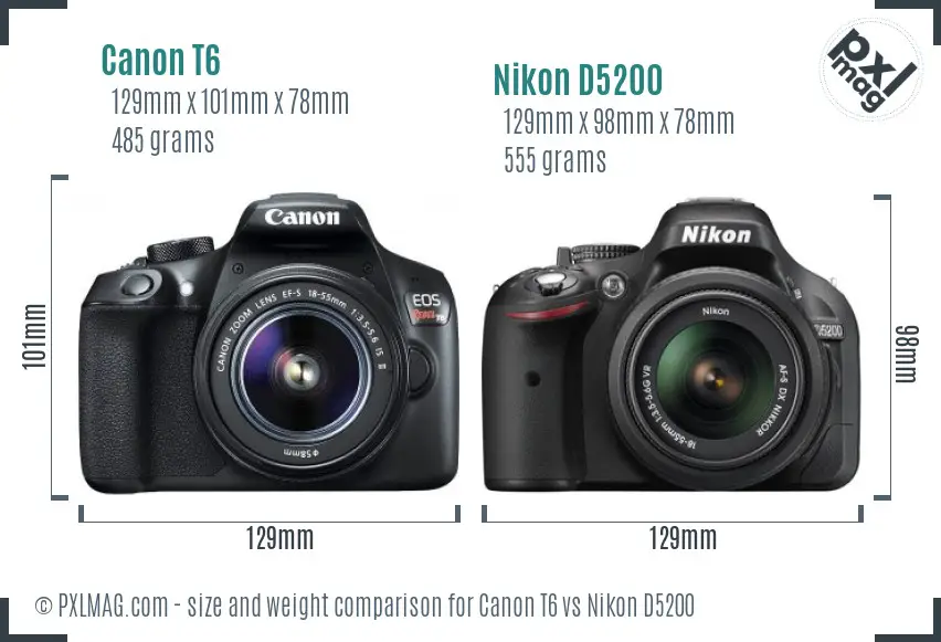 Canon T6 vs Nikon D5200 size comparison