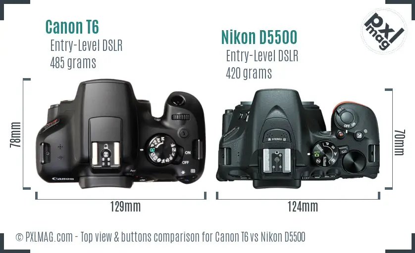 Canon T6 vs Nikon D5500 top view buttons comparison