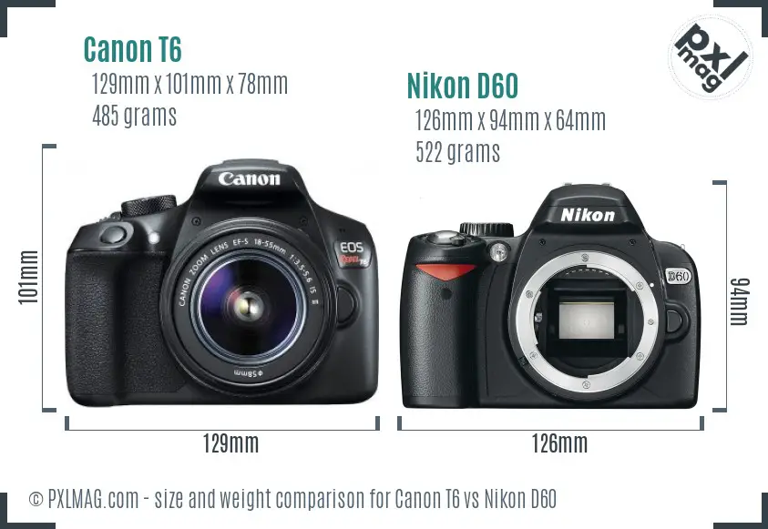 Canon T6 vs Nikon D60 size comparison