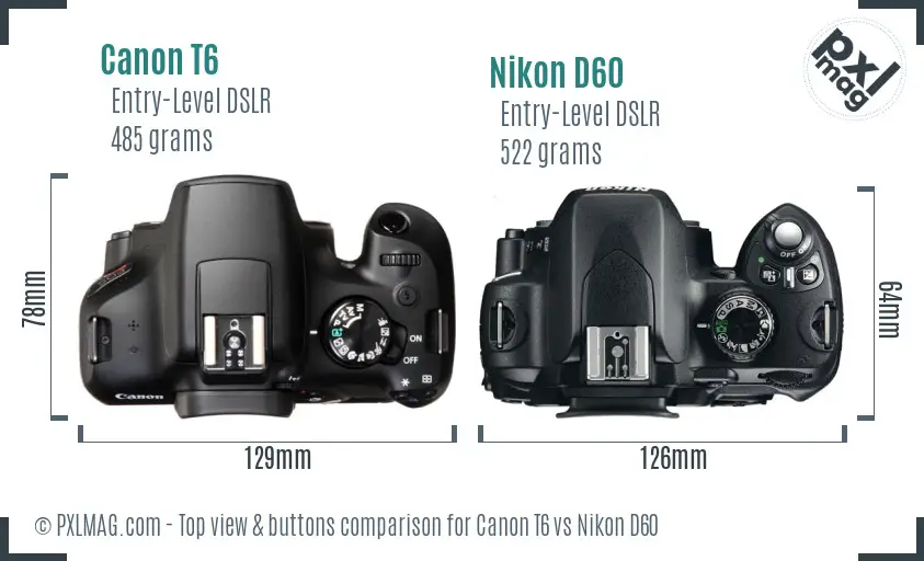 Canon T6 vs Nikon D60 top view buttons comparison