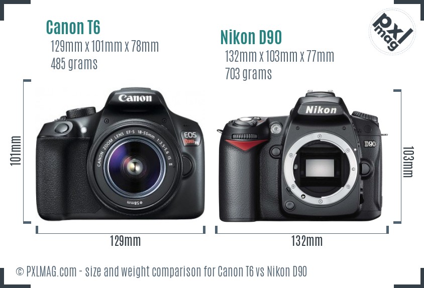 Canon T6 vs Nikon D90 size comparison