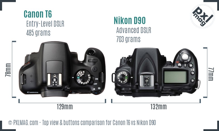 Canon T6 vs Nikon D90 top view buttons comparison