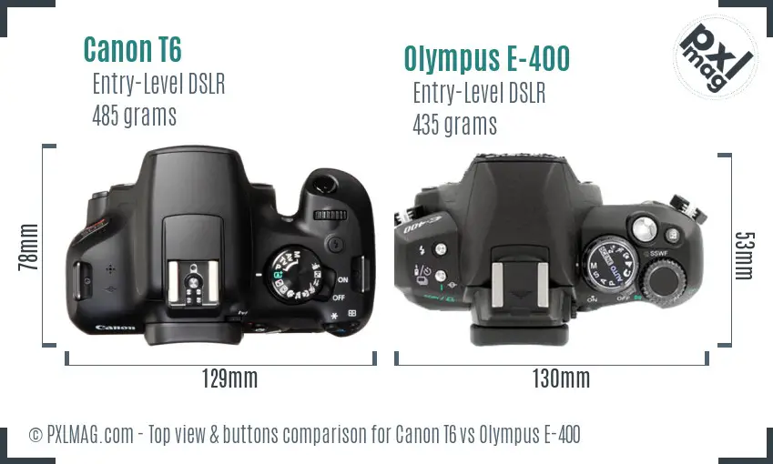 Canon T6 vs Olympus E-400 top view buttons comparison