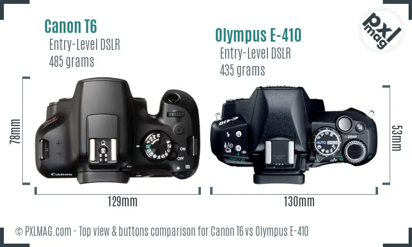 Canon T6 vs Olympus E-410 top view buttons comparison