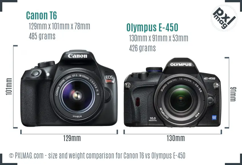 Canon T6 vs Olympus E-450 size comparison
