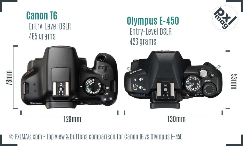 Canon T6 vs Olympus E-450 top view buttons comparison