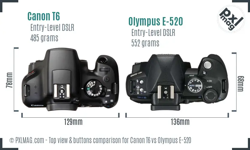 Canon T6 vs Olympus E-520 top view buttons comparison