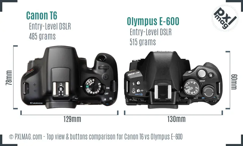 Canon T6 vs Olympus E-600 top view buttons comparison