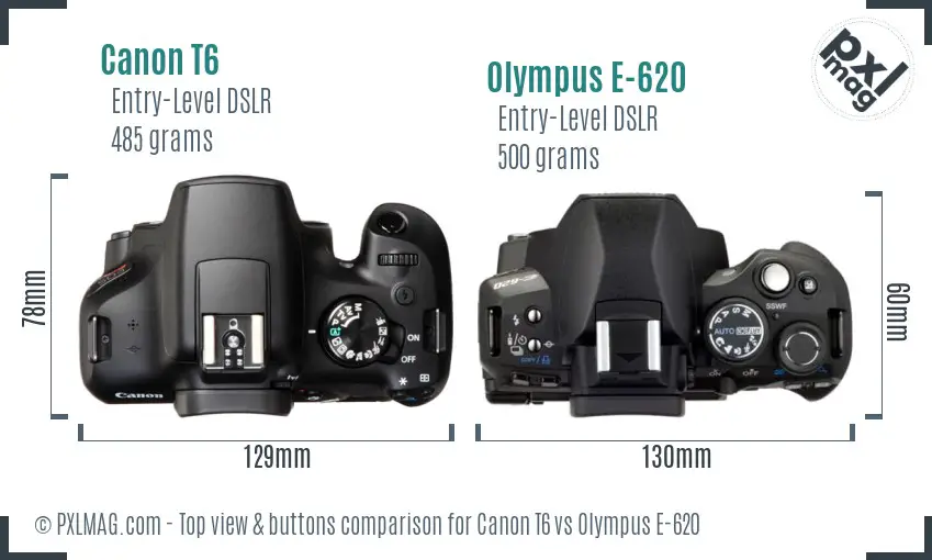 Canon T6 vs Olympus E-620 top view buttons comparison
