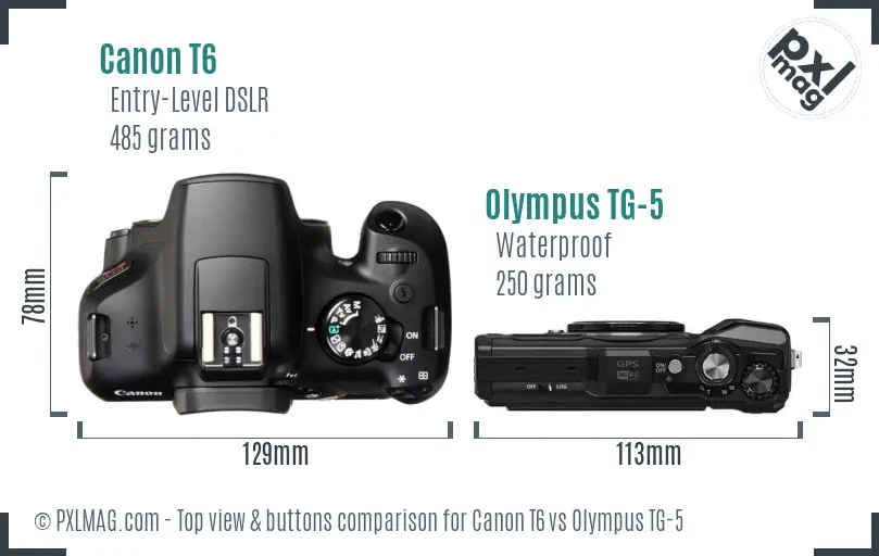 Canon T6 vs Olympus TG-5 top view buttons comparison