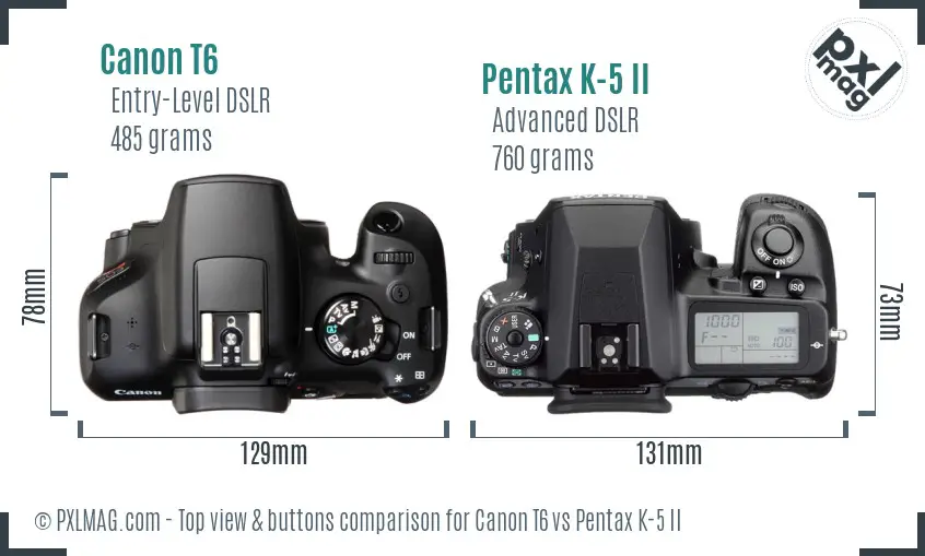 Canon T6 vs Pentax K-5 II top view buttons comparison