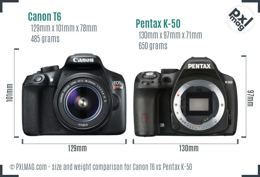 Canon T6 vs Pentax K-50 size comparison