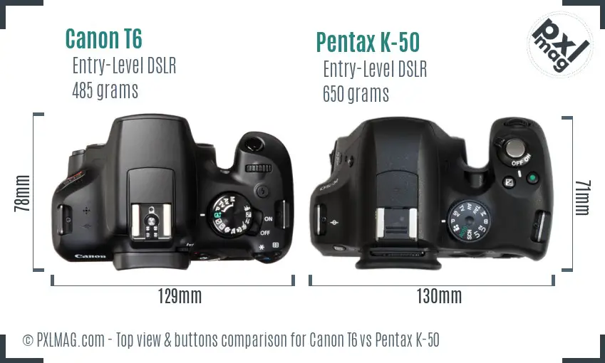 Canon T6 vs Pentax K-50 top view buttons comparison