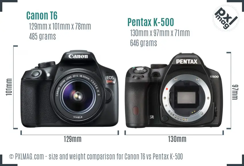 Canon T6 vs Pentax K-500 size comparison