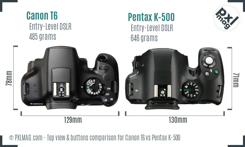 Canon T6 vs Pentax K-500 top view buttons comparison