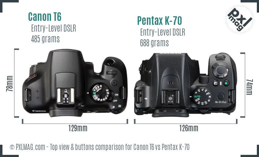 Canon T6 vs Pentax K-70 top view buttons comparison