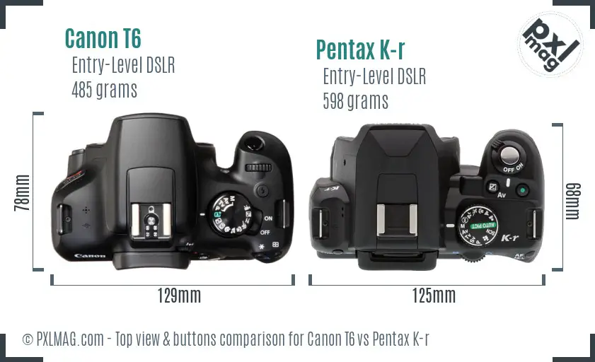 Canon T6 vs Pentax K-r top view buttons comparison