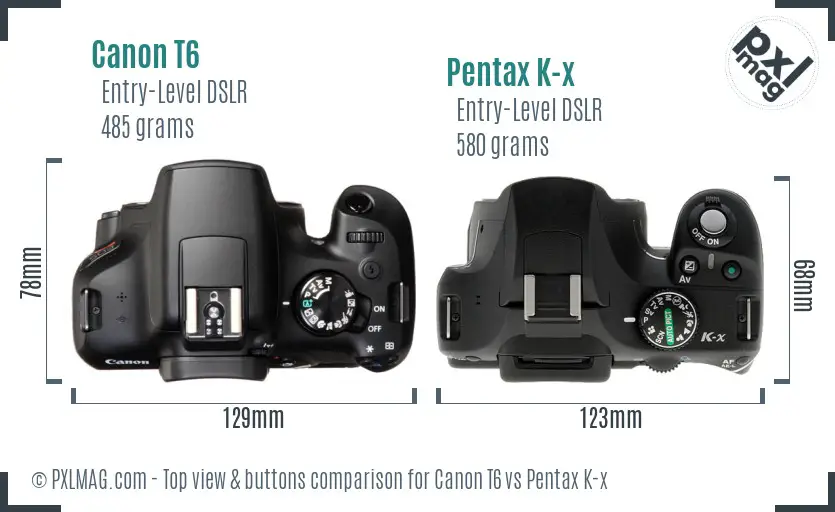 Canon T6 vs Pentax K-x top view buttons comparison
