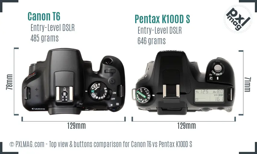 Canon T6 vs Pentax K100D S top view buttons comparison