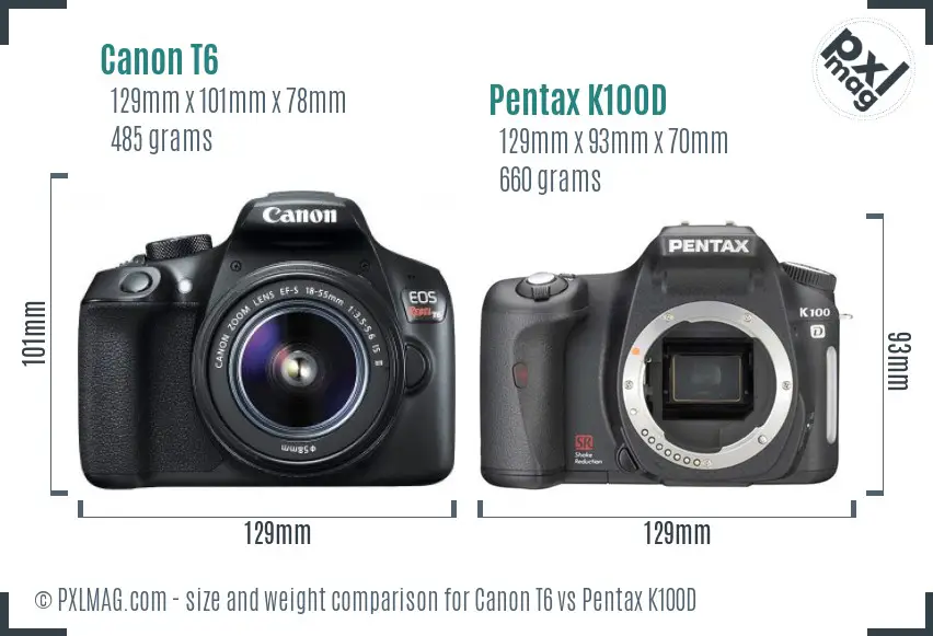 Canon T6 vs Pentax K100D size comparison