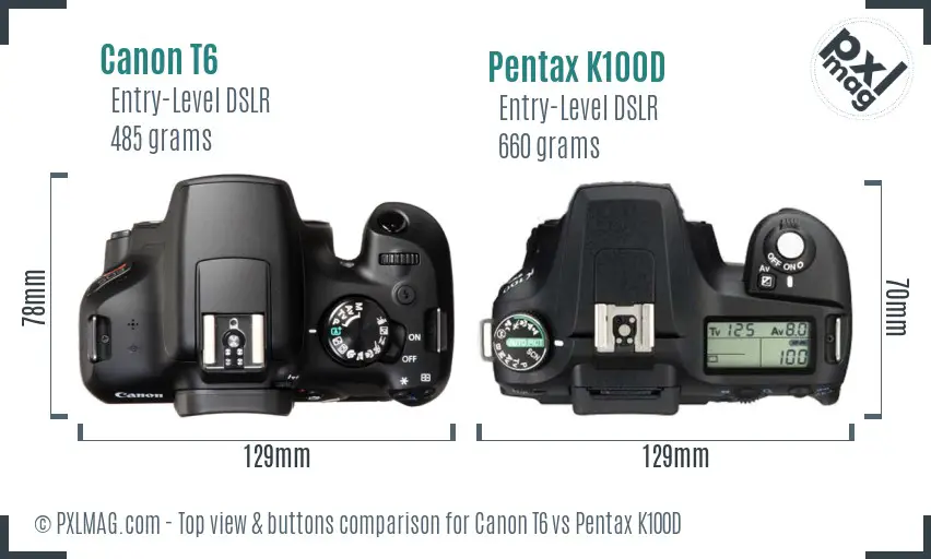 Canon T6 vs Pentax K100D top view buttons comparison