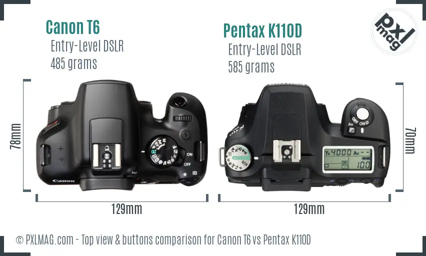 Canon T6 vs Pentax K110D top view buttons comparison