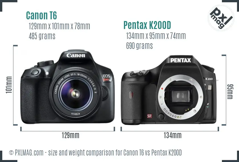 Canon T6 vs Pentax K200D size comparison