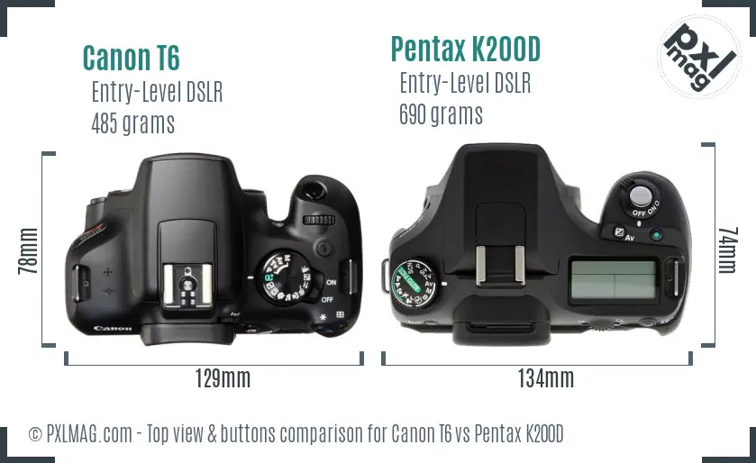 Canon T6 vs Pentax K200D top view buttons comparison