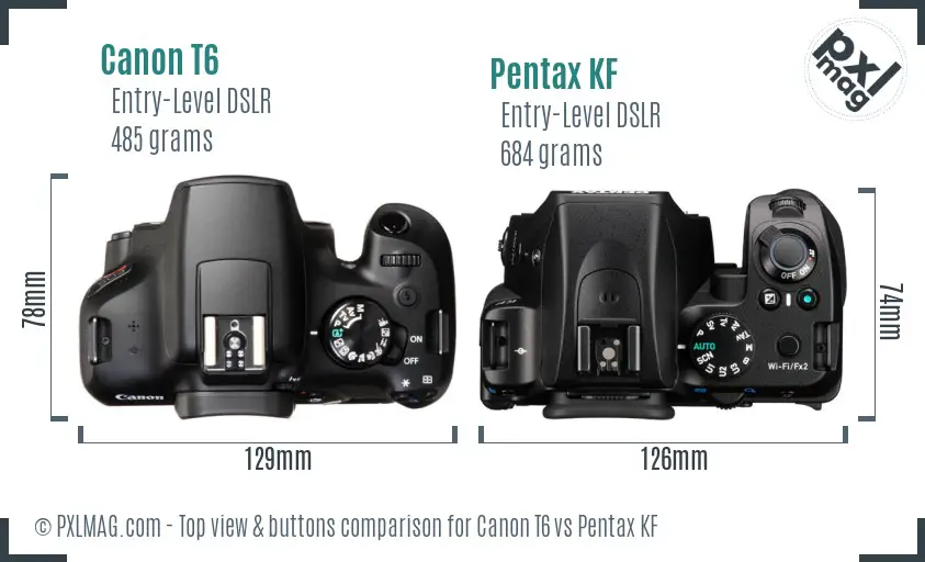 Canon T6 vs Pentax KF top view buttons comparison