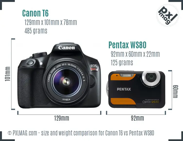 Canon T6 vs Pentax WS80 size comparison
