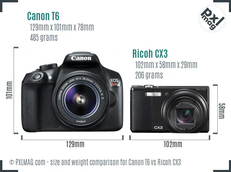 Canon T6 vs Ricoh CX3 size comparison