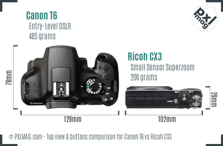 Canon T6 vs Ricoh CX3 top view buttons comparison