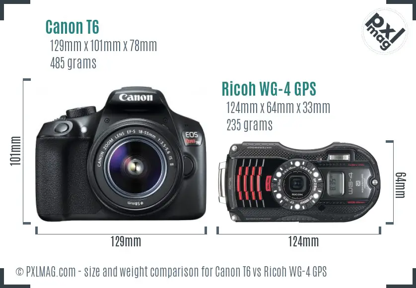Canon T6 vs Ricoh WG-4 GPS size comparison