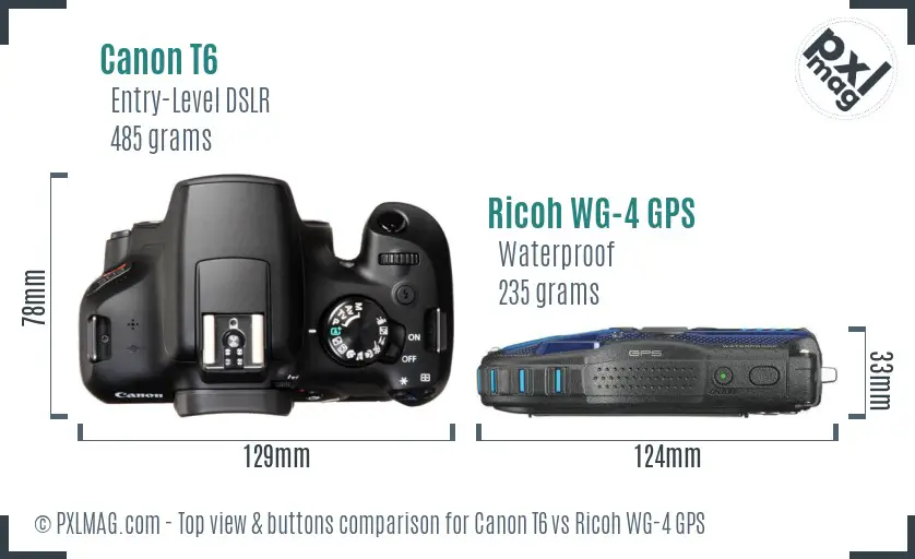 Canon T6 vs Ricoh WG-4 GPS top view buttons comparison