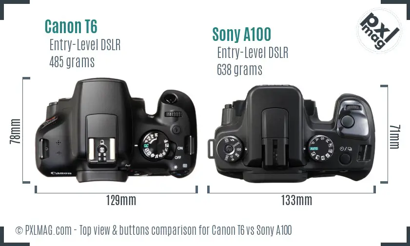 Canon T6 vs Sony A100 top view buttons comparison
