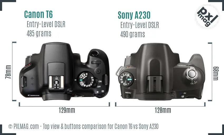 Canon T6 vs Sony A230 top view buttons comparison