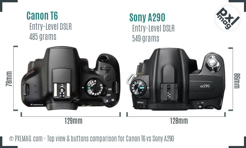 Canon T6 vs Sony A290 top view buttons comparison