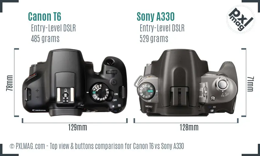 Canon T6 vs Sony A330 top view buttons comparison