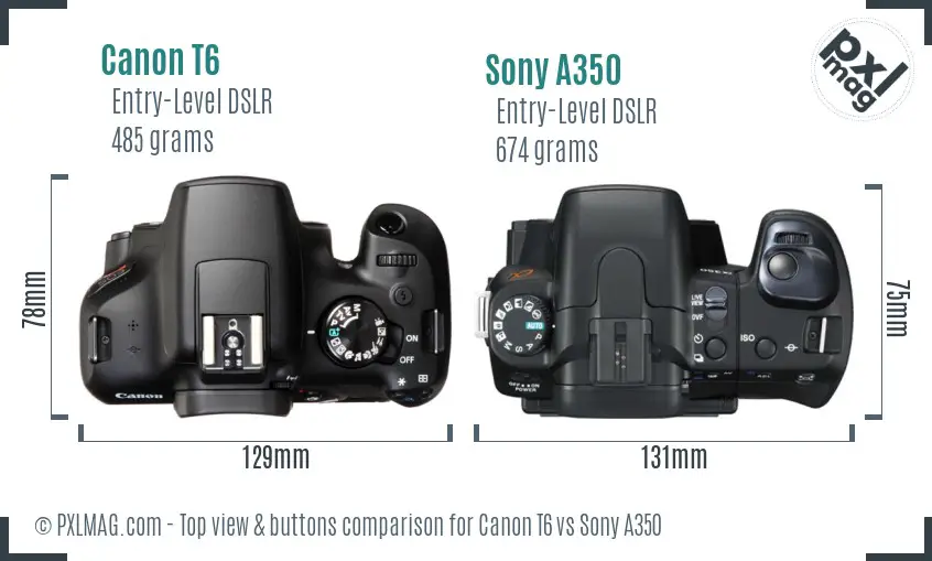 Canon T6 vs Sony A350 top view buttons comparison