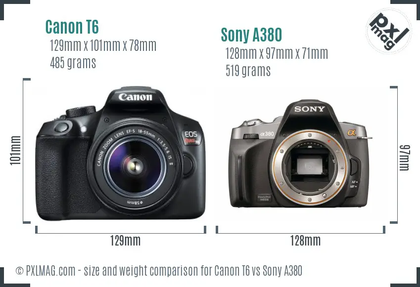 Canon T6 vs Sony A380 size comparison