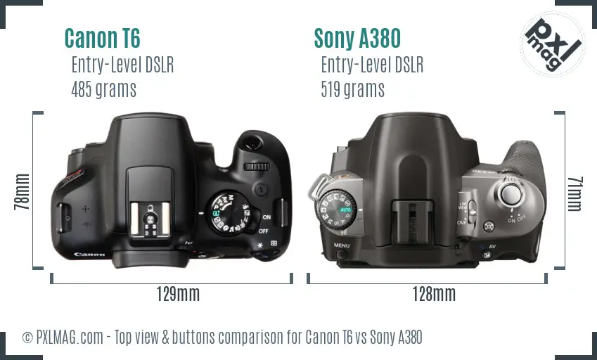 Canon T6 vs Sony A380 top view buttons comparison