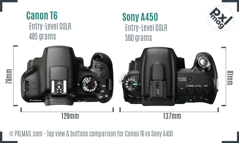 Canon T6 vs Sony A450 top view buttons comparison