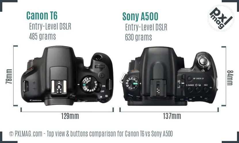 Canon T6 vs Sony A500 top view buttons comparison